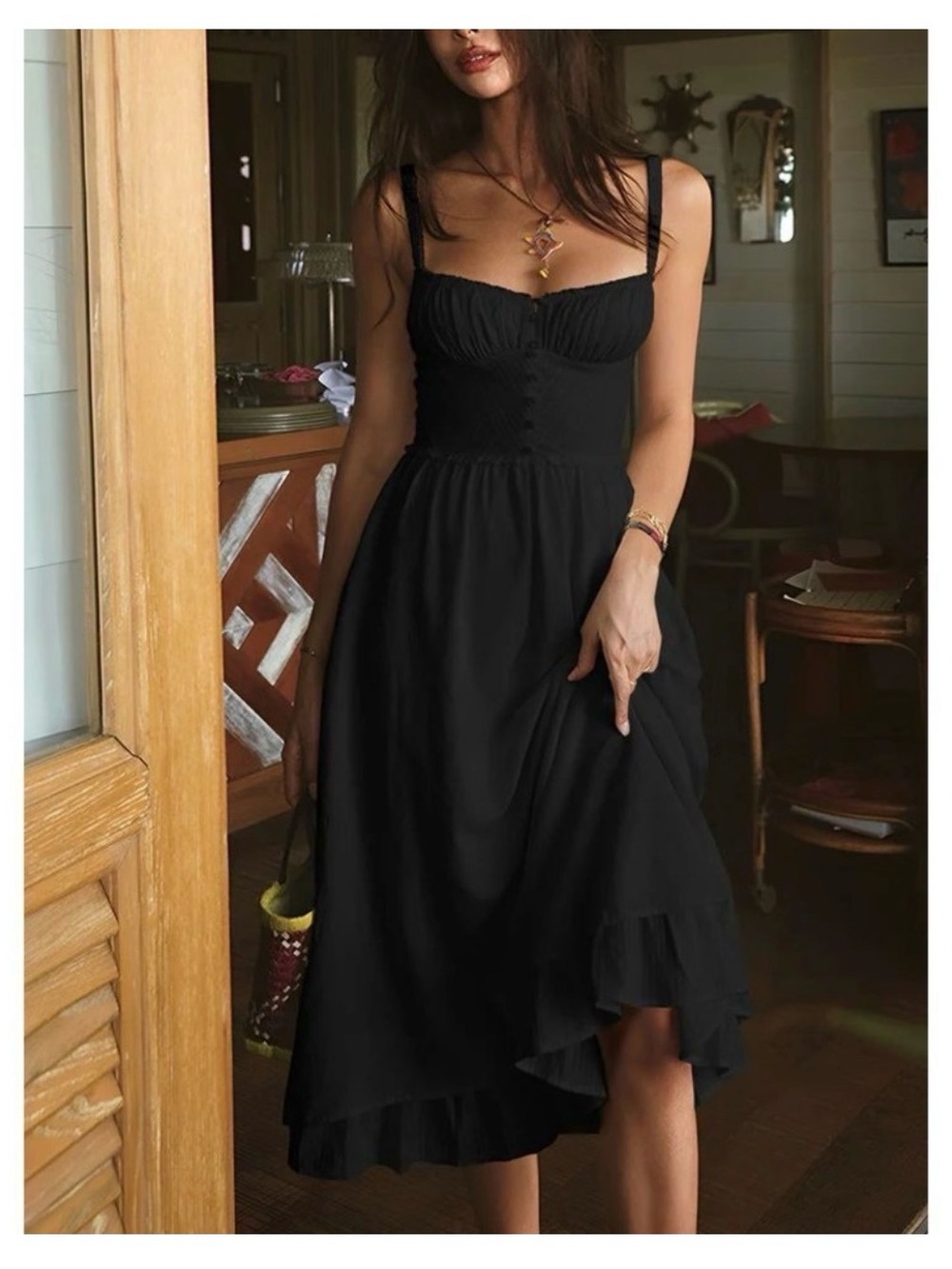 Commense Black Cotton Blend Ruffle Hem Cami Midi Dress Sleeveless M